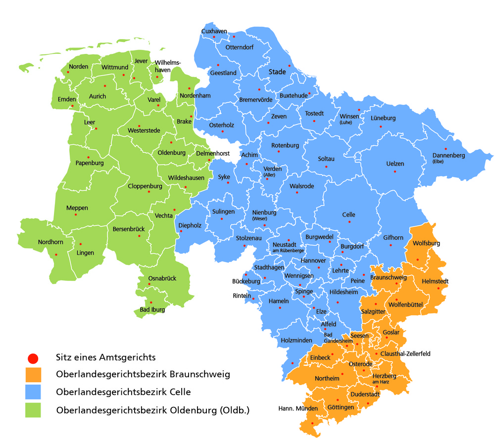 Übersichtskarte der Amtsgerichte Nds. Landesjustizportal